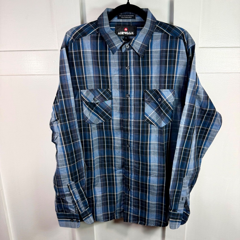 Airwalk Shirt Men's XL Blue Plaid Button Up Long Sleeve Skater‎ Shirt w Pockets